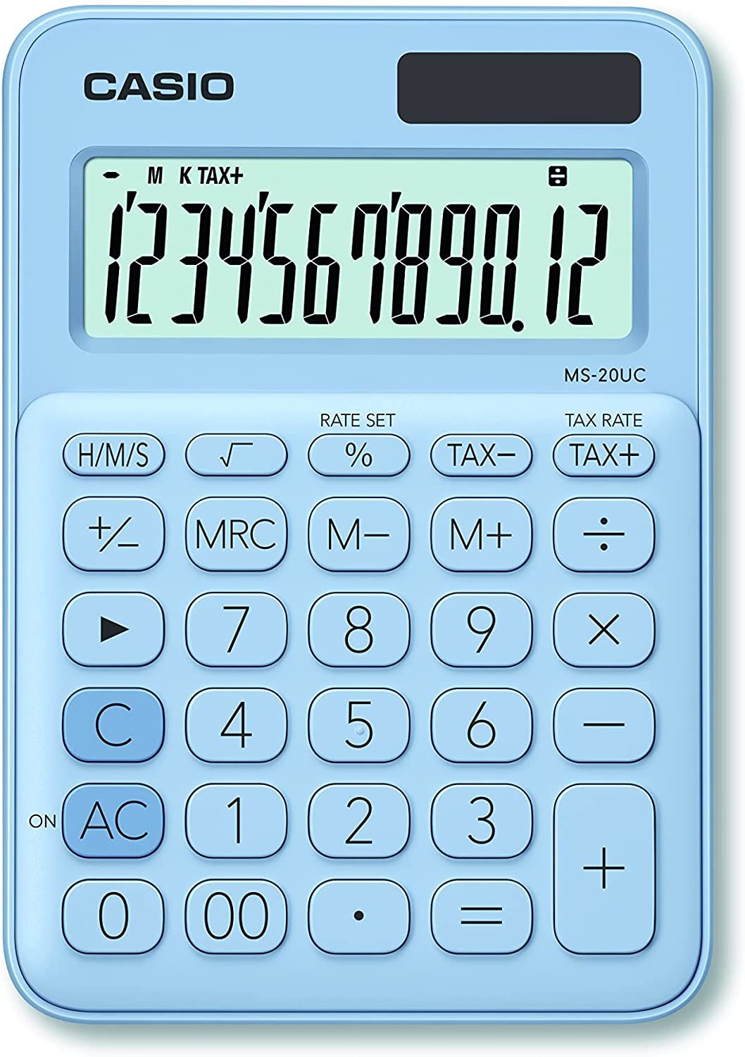 Calculatrice de bureau Casio MS-20UC - 12 chiffres - Bleu clair - Panneau solaire, pile