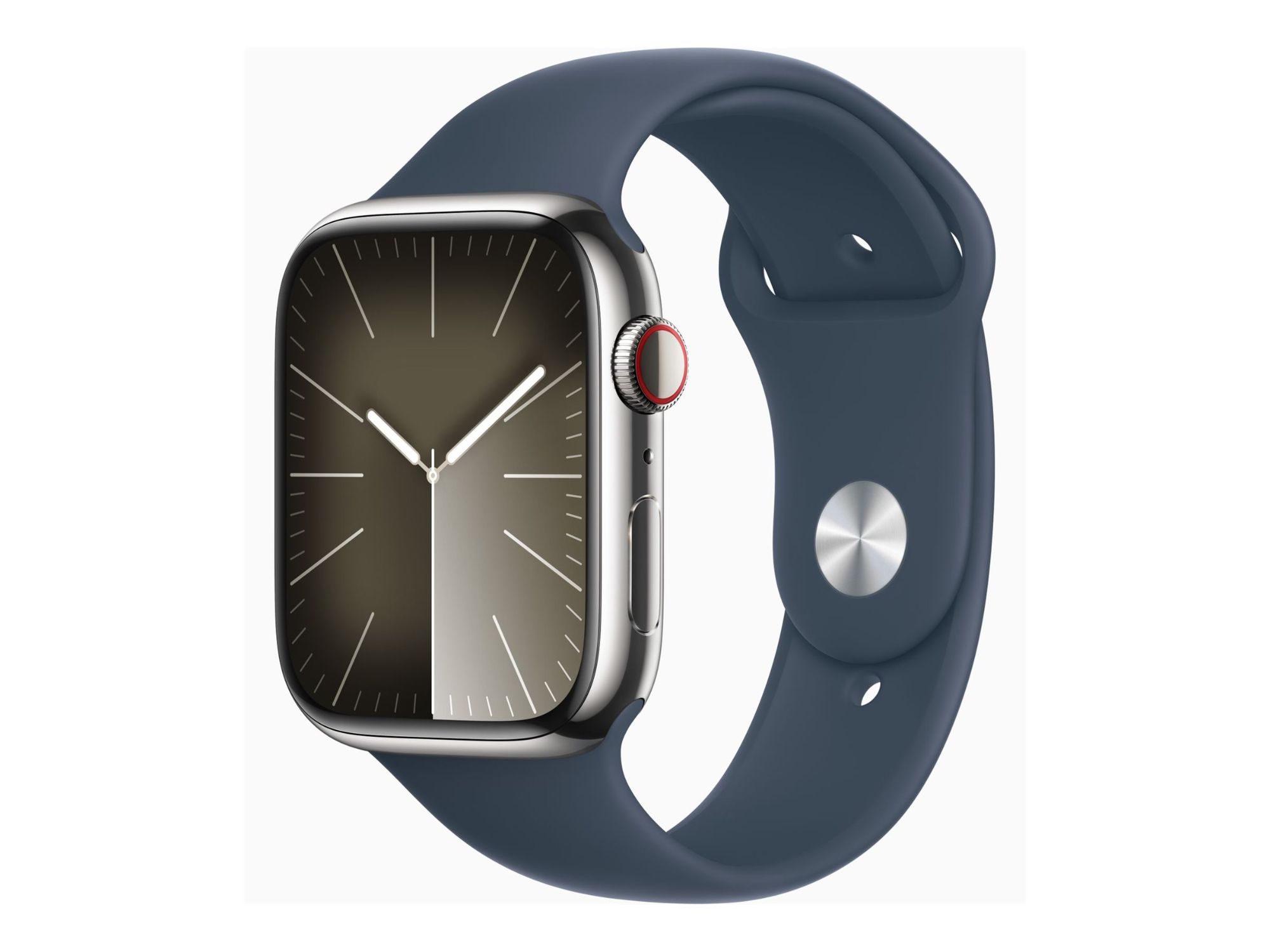 Apple Watch Series 9 GPS + Cellular, 45mm Stainless Steel Case, Silver Blue Storm Band - S/M