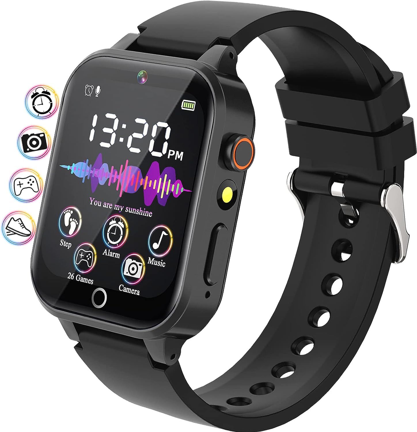 Connected Watch for Kids - Girl or Boy with 26 Games - Step Counter - Black