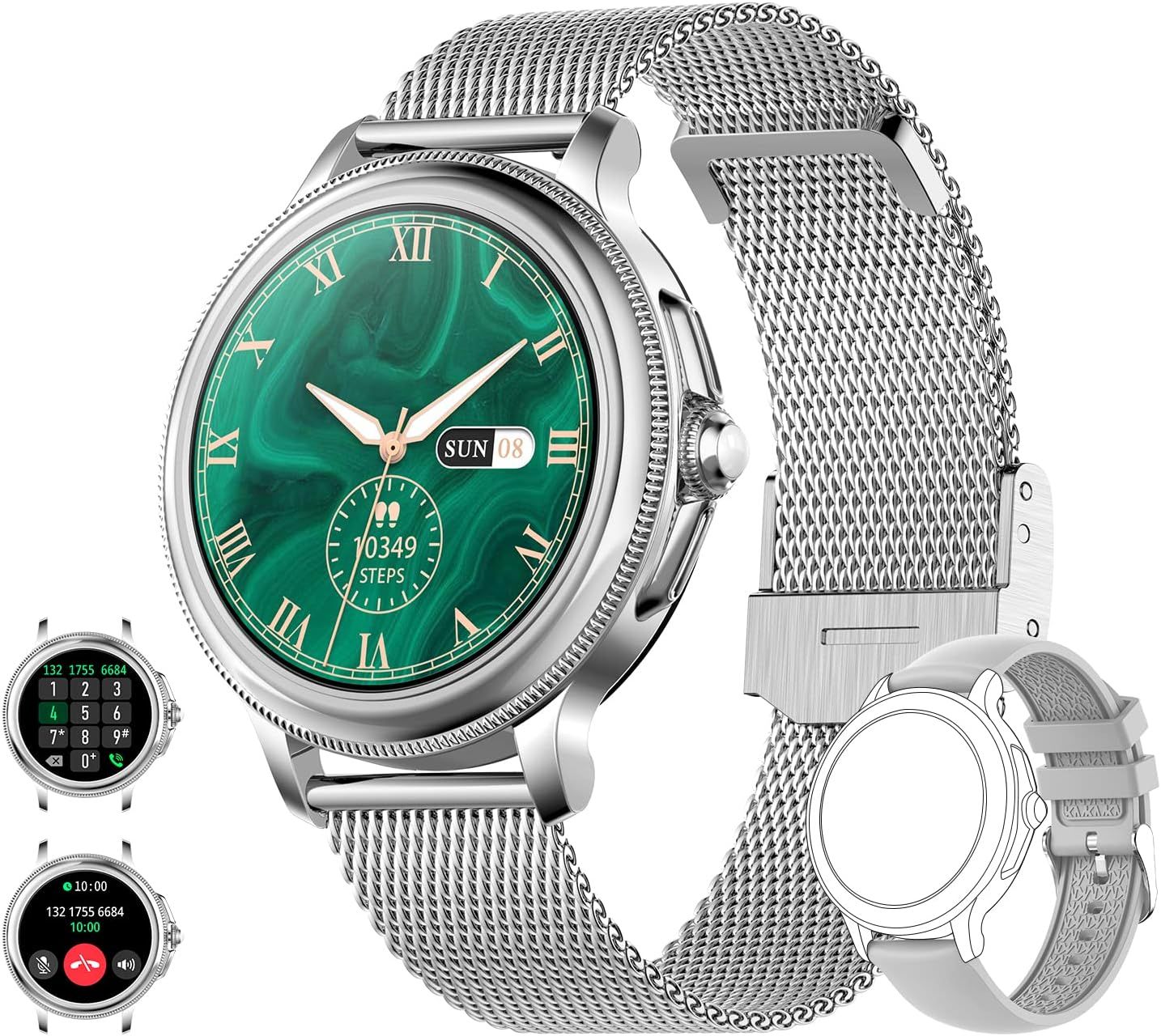 Montres connectées pour femmes avec appel Bluetooth et assistant vocal, écran rond HD 1,2'', argent
