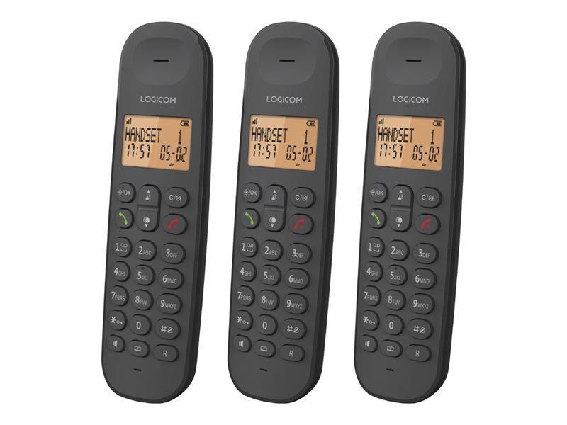 Logicom Iloa 350 - Wireless Phone with Caller ID - DECTGAP - Three-way Calling - Black + 2 Additional Handsets