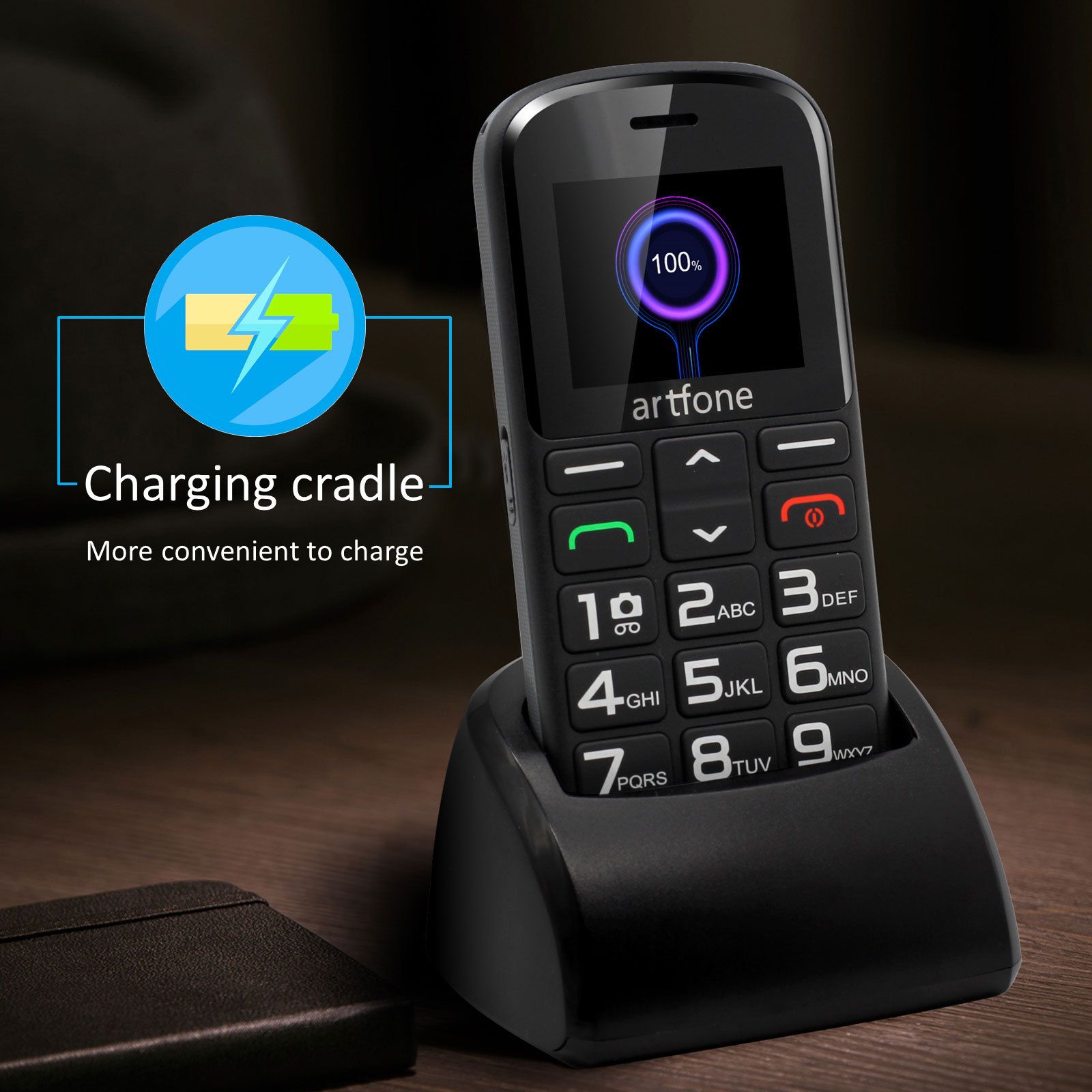 UniversalHouse artfone+ Senior Unlocked Mobile Phone with Large Buttons, SOS Button, FM Radio, Box Speaker, 1400mAh Battery, Torch Light and Charging Station, Black