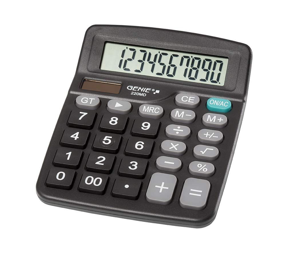 Genie 220 MD Desktop Calculator, 10-Digit with Dual Solar and Battery Power, Compact Design, Black