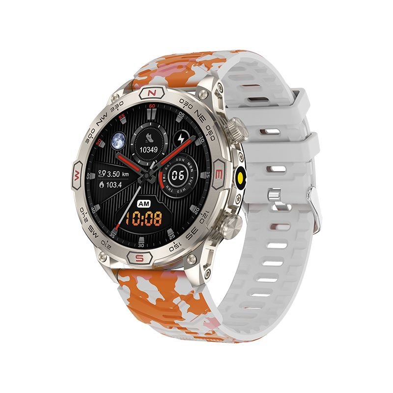 Rainbuvvy KC86 Smartwatch 1.43-inch Sport Watch, Bluetooth, Call Alerts, Heart Rate Monitoring, Sleep Tracking, Health Tracker, 450mAh Battery, Orange Camo
