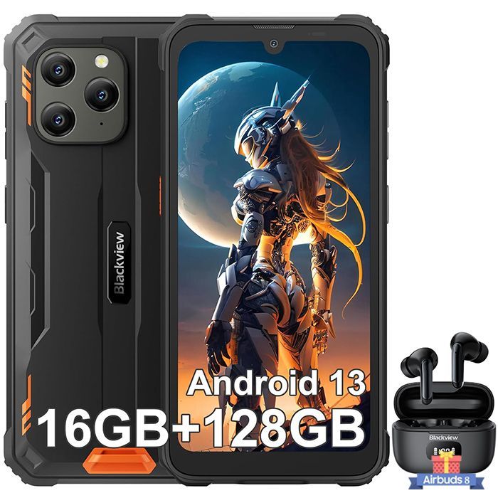 Blackview BV5300 Plus - 6.1" Unbreakable Smartphone, 16GB+128GB, Android 13, Orange with Bluetooth Headphones
