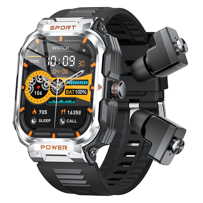 Rainbuvvy GT55 Montre intelligente de 2,01 pouces, écouteur et lecteur musical 2-en-1 avec surveillance de la fréquence cardiaque, suivi du sommeil, résistance à l'eau IP67, Bluetooth 4.0/5.2, Android 5.0 / iOS 9, argent