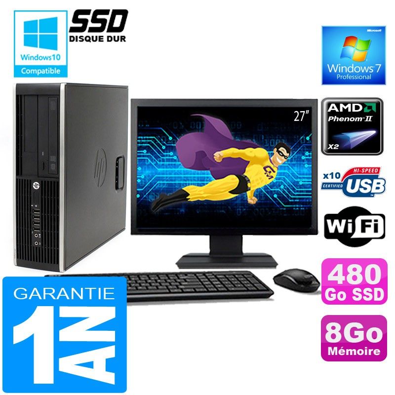 Ordinateur de bureau HP Compaq 6005 Pro SFF - Processeur AMD Phenom II, 8 Go de RAM, 480 Go SSD, WiFi