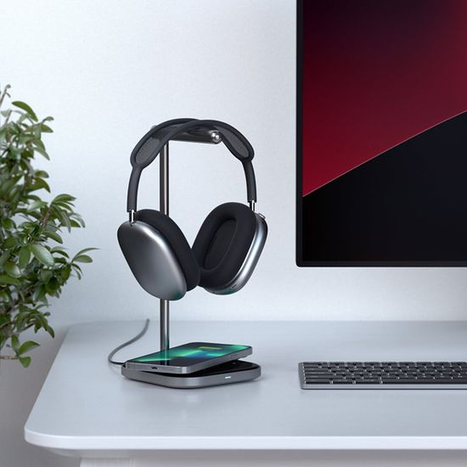 SATECHI 2-in-1 Wireless Headphone Charging Stand in 7.5W for iPhone 12/13 - Grey 