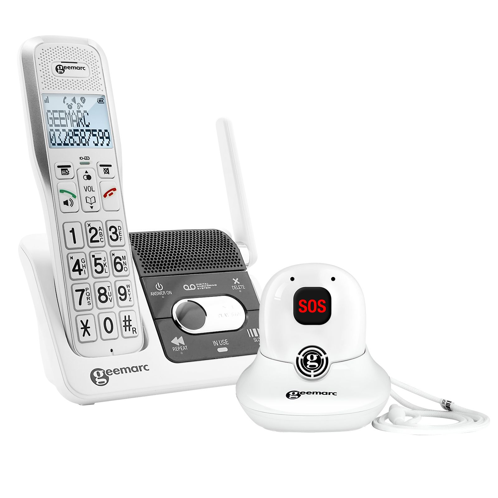 Geemarc Amplified Cordless Phone with Answering Machine and SOS Pendant - White