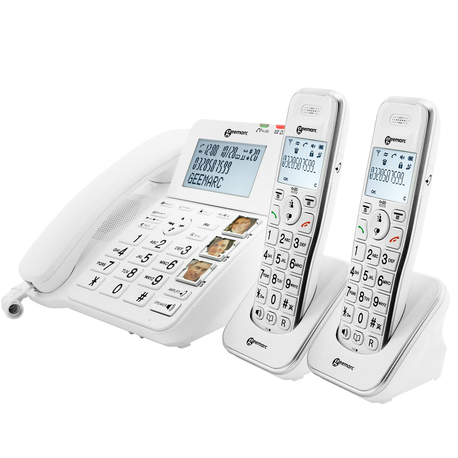 Teléfono Fijo Amplificado para Mayores Geemarc con 2 Manohetes Inalámbricos y Reproductor de Mensajes (Blanco)