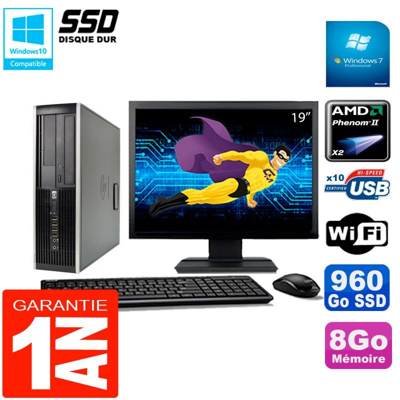 HP Compaq 6005 Pro SFF Desktop PC | 19" Screen | AMD Phenom II X2 B57 | 8GB RAM | 960GB SSD | WiFi | Windows 7 Pro
