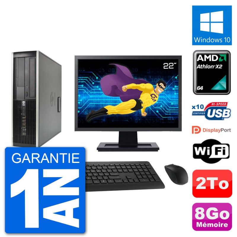 HP 6005 SFF Desktop PC - 22" Screen, AMD Athlon II X2 B24, 8GB RAM, 2TB HDD, Windows 10, WiFi