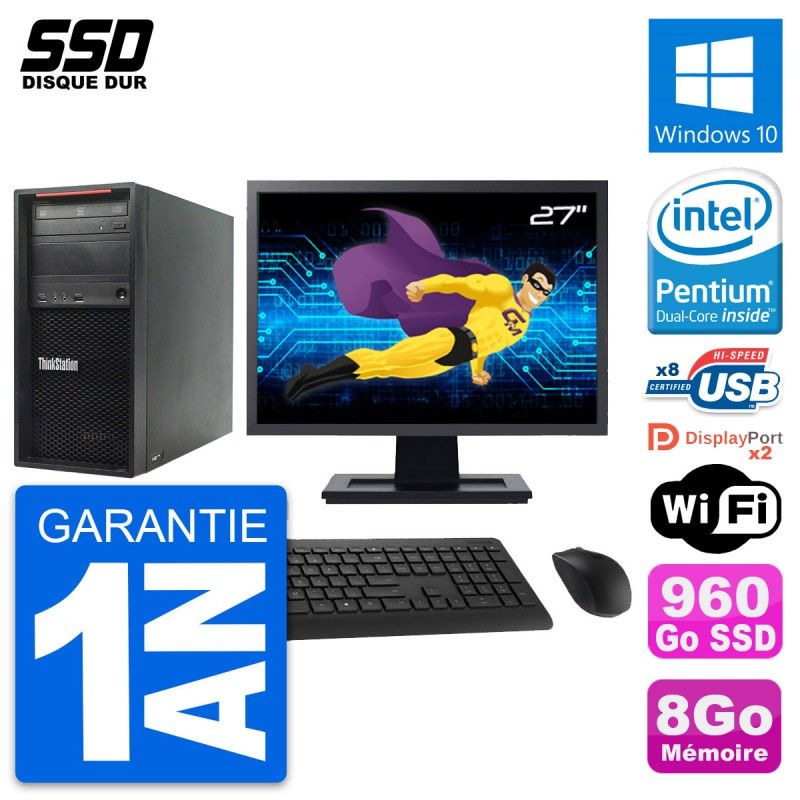Ordinateur de bureau Lenovo P300, écran 27", processeur Intel G3220, 8 Go de RAM, 960 Go SSD, Windows 10, Wi-Fi