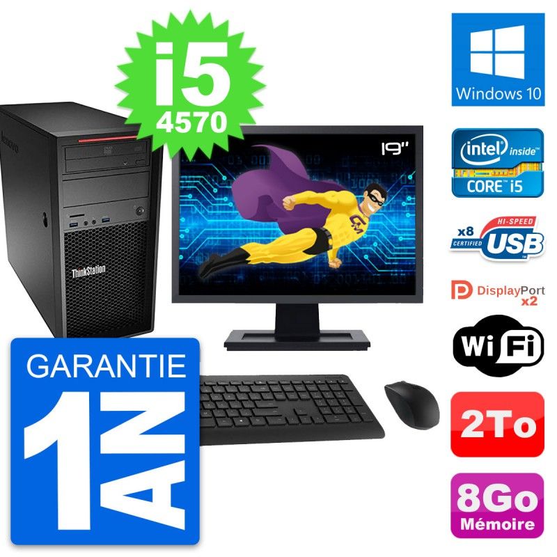 Ordinateur de bureau Lenovo P300, écran 19 pouces, processeur Intel i5-4570, 8 Go de RAM, disque dur 2 To, Windows 10, WiFi