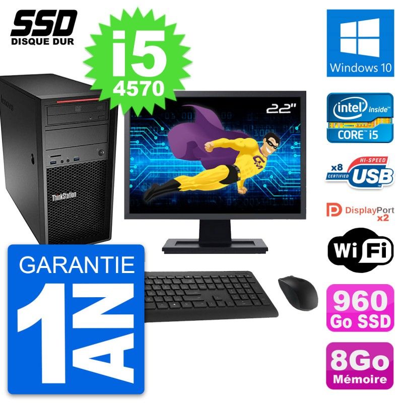 Lenovo P300 Desktop Computer, 22" Screen, Intel i5-4570, 8GB RAM, 960GB SSD, Windows 10, WiFi