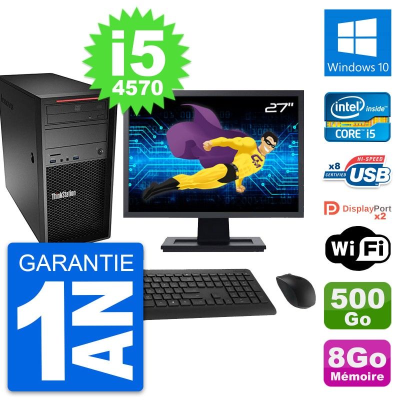Station de travail Lenovo P300, Écran 27", Processeur Intel i5-4570, 8 Go de RAM, Disque dur 500 Go, Windows 10, Wifi