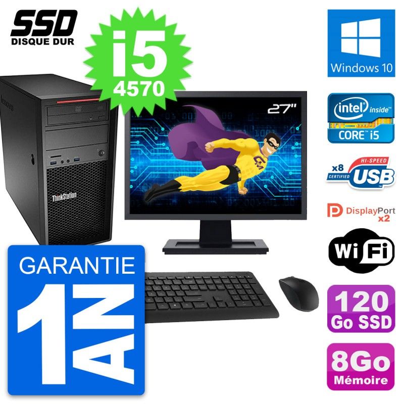 Station de travail Lenovo P300, Écran 27'', Processeur Intel i5-4570, 8 Go RAM, SSD 120 Go, Windows 10, Wifi