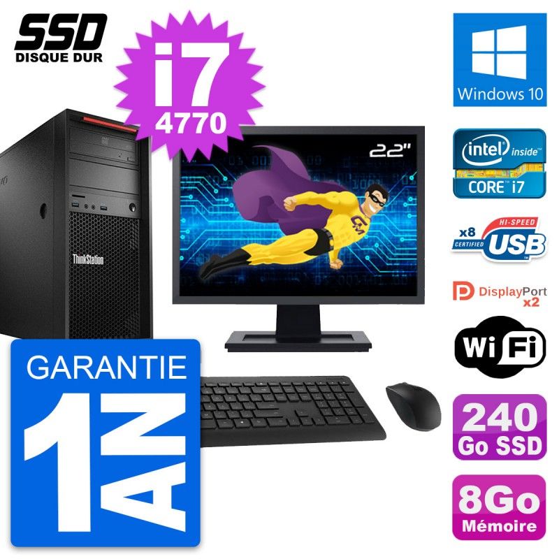 Lenovo P300 22" Screen PC - Intel i7-4770, 8GB RAM, 240GB SSD, Windows 10, Wifi