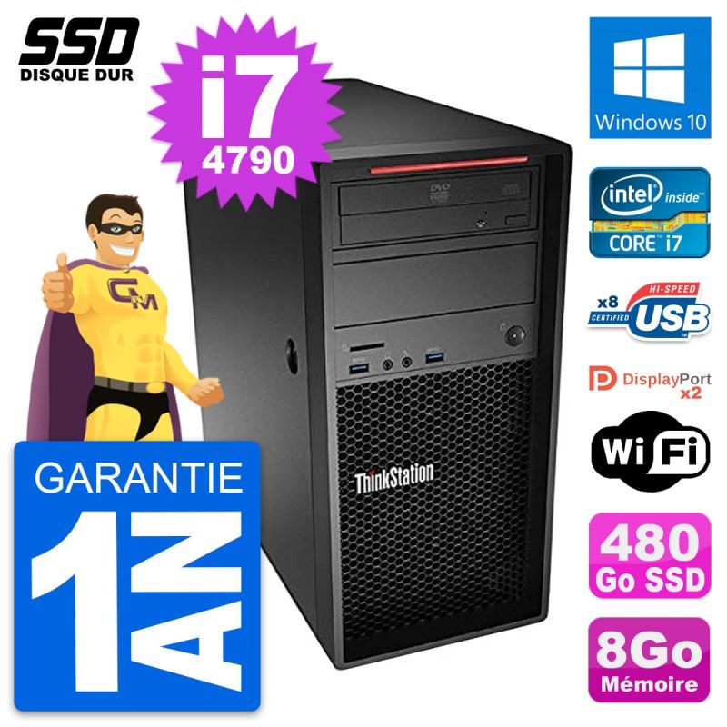 Ordinateur de bureau Lenovo ThinkStation P300 - Processeur Intel i7-4790, 8 Go de RAM, 480 Go SSD, Windows 10, Wi-Fi