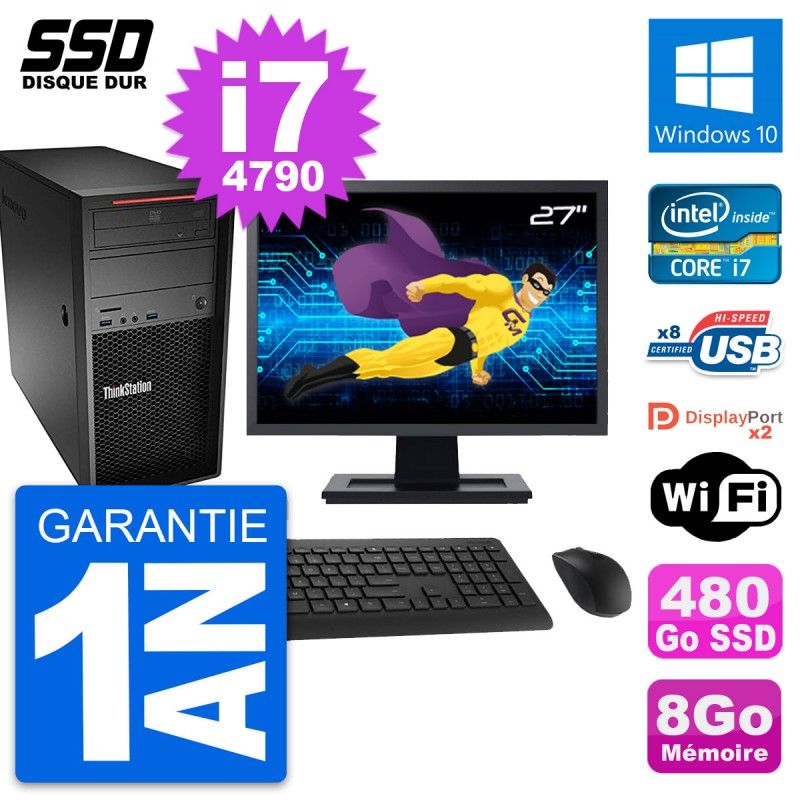 Lenovo P300 Desktop Computer, 27" Screen, Intel i7-4790, 8GB RAM, 480GB SSD, Windows 10, WiFi