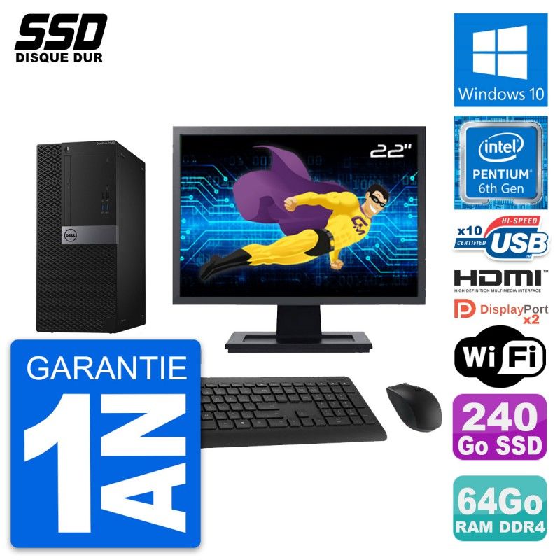Dell OptiPlex 7040 Desktop Computer, 22" Screen, Intel Pentium G4400, 64GB RAM, 240GB SSD, HDMI, WiFi