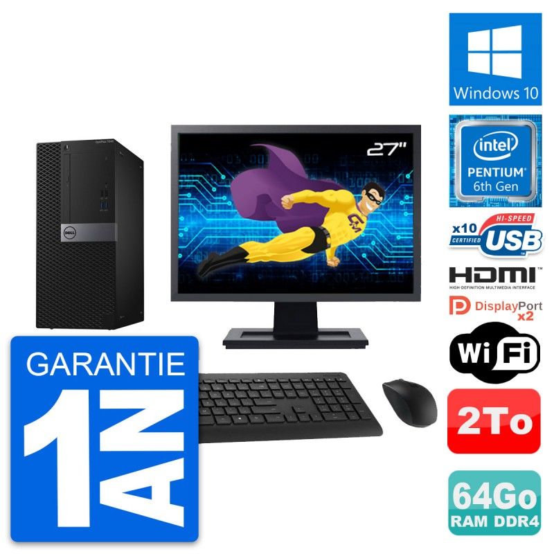 Dell OptiPlex 7040 Desktop Computer, 27" Screen, Intel G4400, 64GB RAM, 2TB HDD, HDMI