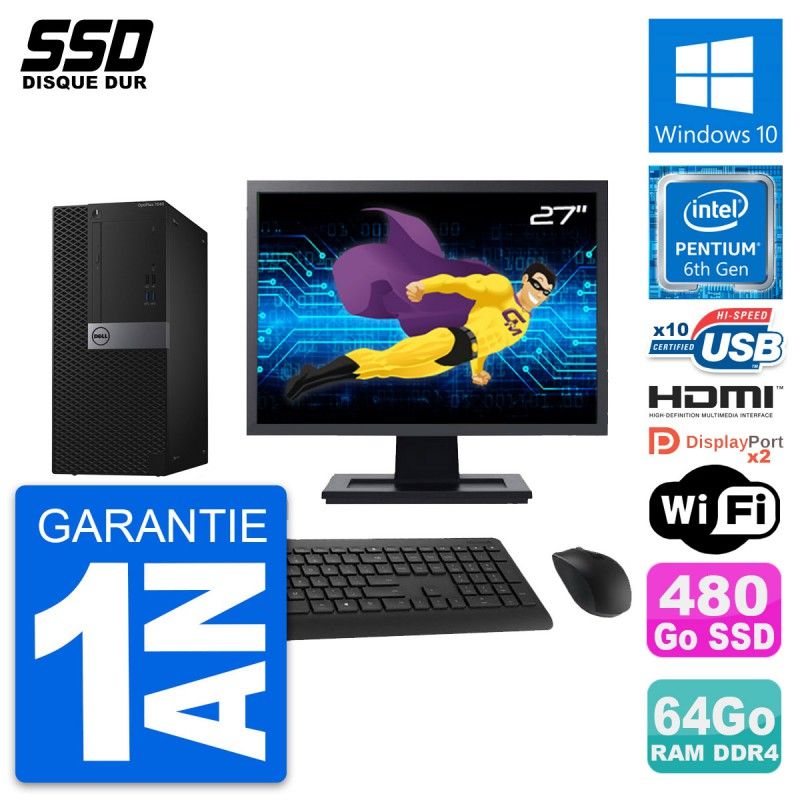 Dell OptiPlex 7040 Desktop PC - 27" Screen, Intel Pentium G4400, 64GB RAM, 480GB SSD, HDMI