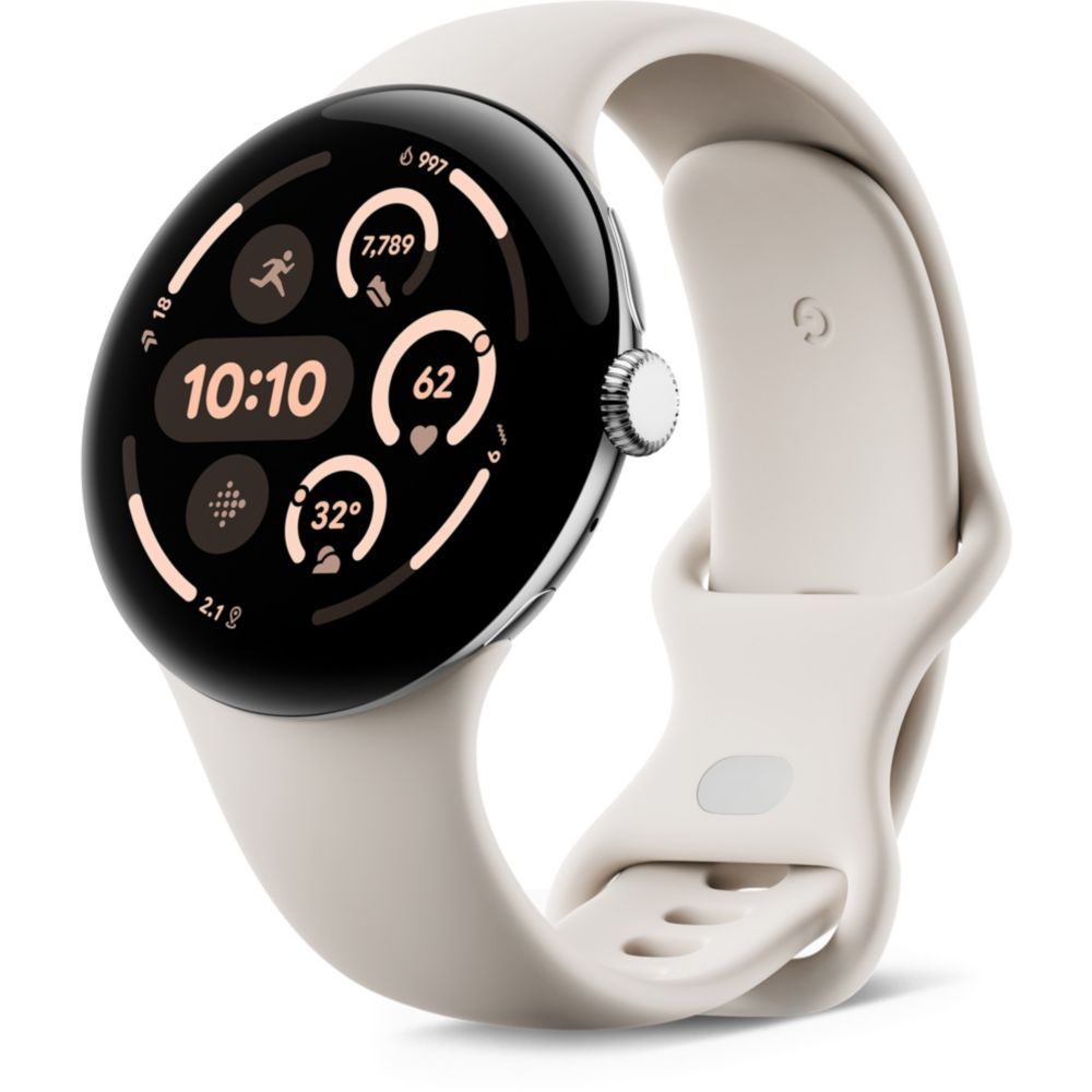Google Pixel Watch 3 - 45mm Case - Silver Polished - Porcelain Strap - Bluetooth