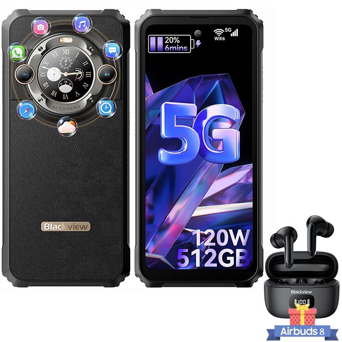 Blackview BL9000 5G Dual-Screen Unbreakable Smartphone, 24GB+512GB, 6.78" 8800mAh/120W Battery, Black with Airbuds 8