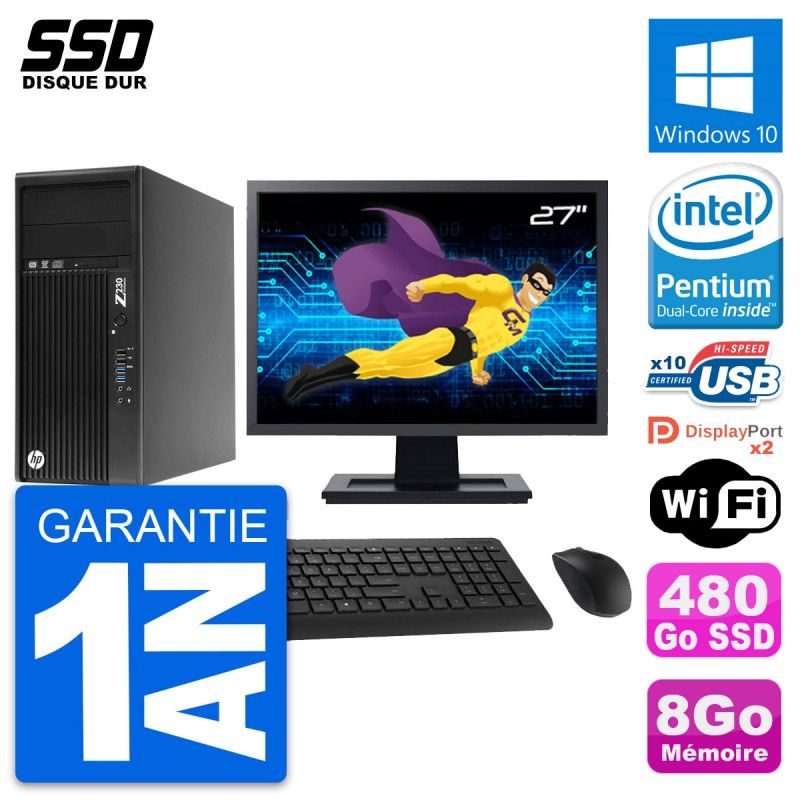 HP Z230 Workstation PC - 27" Screen, Intel Pentium G3220, 8GB RAM, 480GB SSD, Windows 10, WiFi
