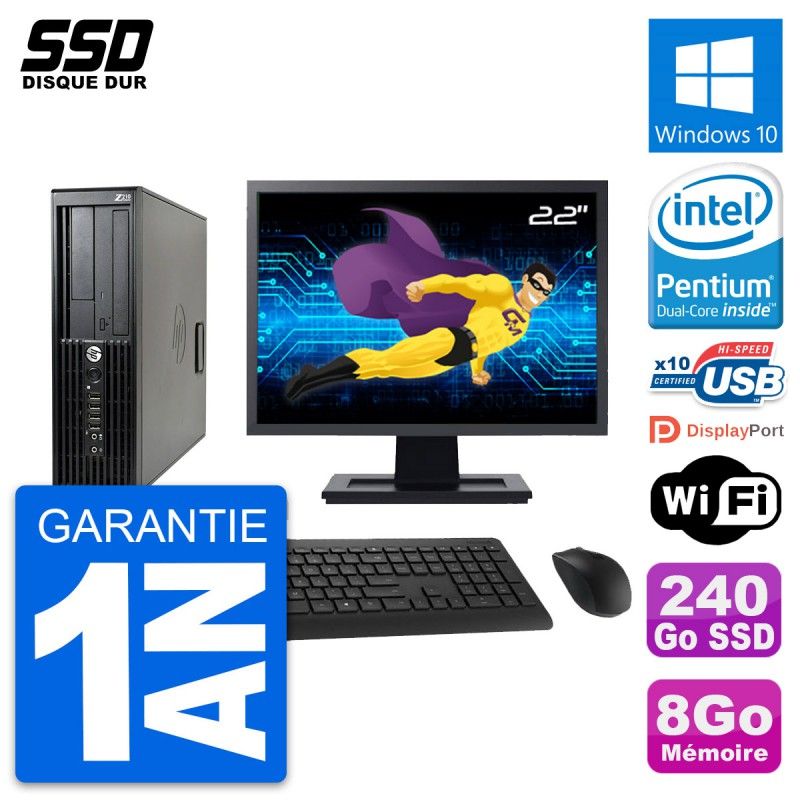 HP Z210 SFF Desktop Computer, 22" Screen, Intel Pentium G630, 8GB RAM, 240GB SSD, Windows 10, WiFi