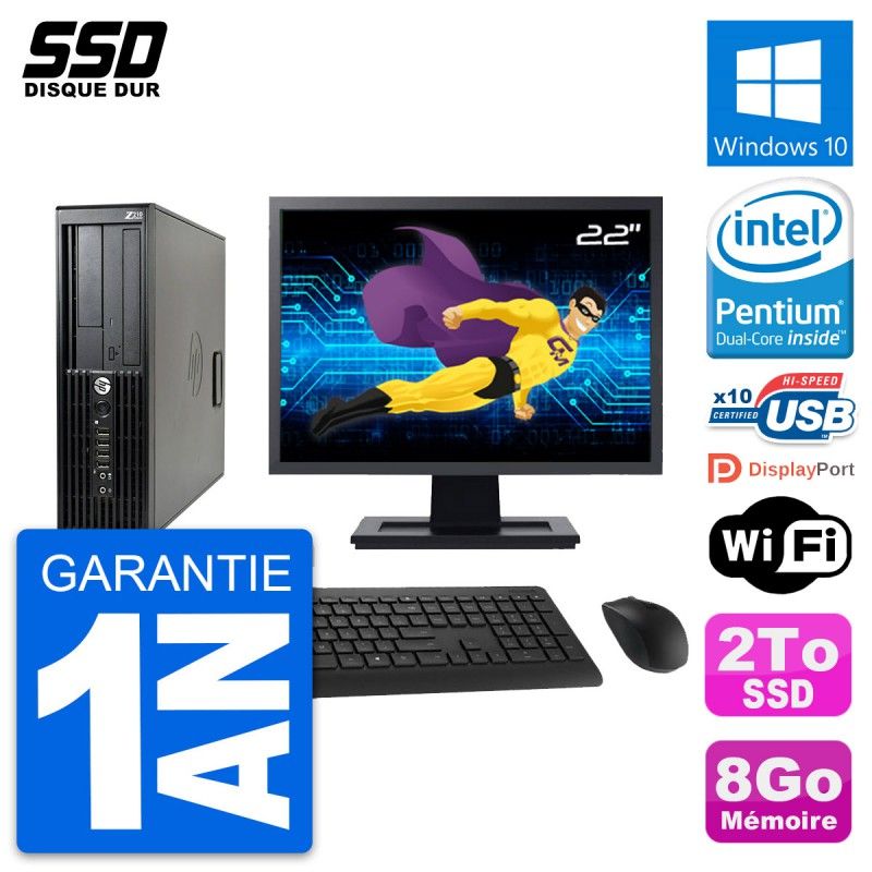 HP Z210 SFF Desktop Computer - 22" Screen, Intel Pentium G630, 8GB RAM, 2TB SSD, Windows 10, WiFi