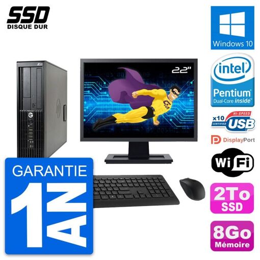 Ordinateur de bureau HP Z210 SFF - Écran 22'', Processeur Intel Pentium G630, 8 Go de RAM, 2 To SSD, Windows 10, Wi-Fi