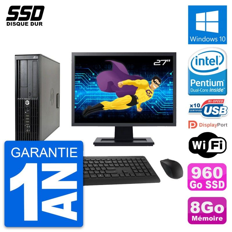 HP Z210 SFF Computer - 27" Screen, Intel Pentium G630, 8GB RAM, 960GB SSD, Windows 10, WiFi