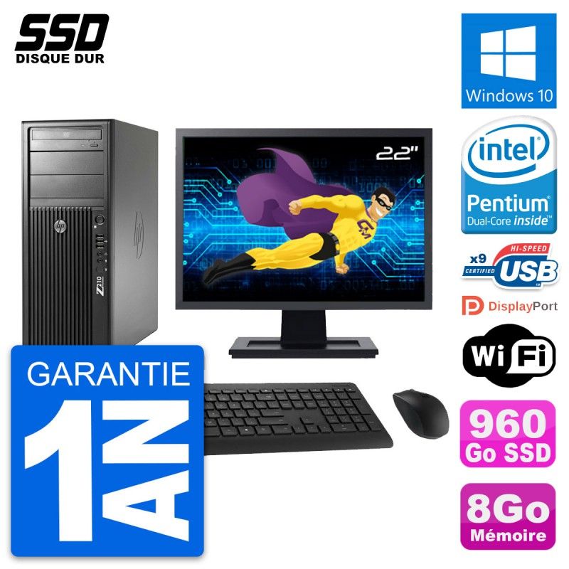 HP WorkStation Z210 Desktop Computer - 8GB RAM, 960GB SSD, Intel Pentium G630, 22" Screen