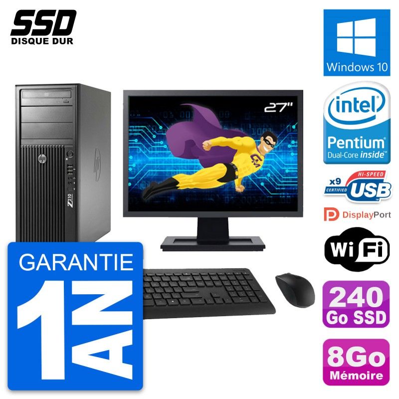 HP Z210 Workstation Desktop PC - 27" Screen, Intel Pentium G630, 8GB RAM, 240GB SSD, Windows 10, WiFi