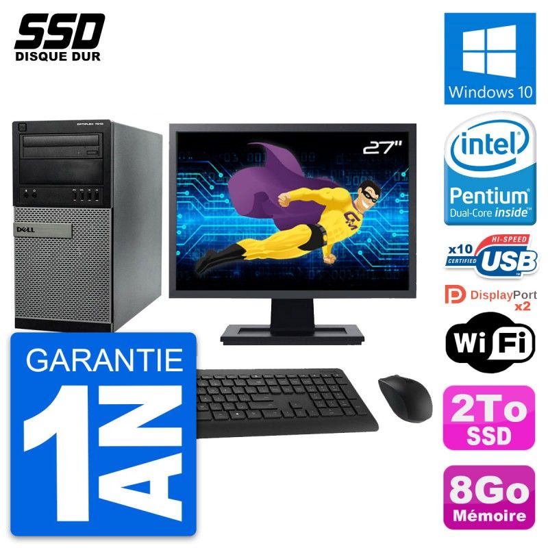 Dell Optiplex 7010 Desktop Computer, 27" Screen, Intel Pentium G2020, 8GB RAM, 2TB SSD, Windows 10, WiFi