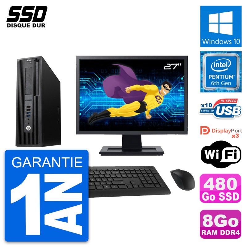 HP WorkStation Z240 SFF Computer - 27" Screen, Intel Pentium G4400, 8GB RAM, 480GB SSD, Windows 10, WiFi