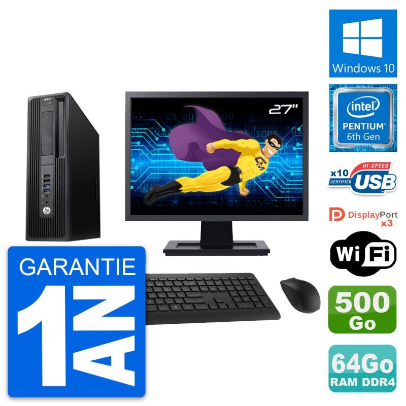 HP Z240 SFF Desktop Computer - 27" Screen, Intel Pentium G4400, 64GB RAM, 500GB HDD, Windows 10, WiFi
