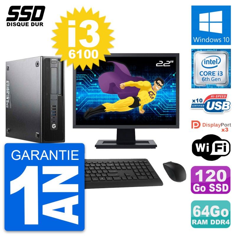 HP WorkStation Z240 SFF Computer - 22" Screen, i3-6100, 64GB RAM, 120GB SSD, Windows 10, Wifi