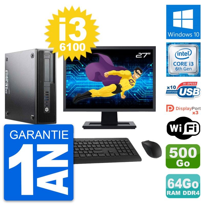 HP Z240 SFF Desktop Computer, 27" Screen, Intel i3-6100, 64GB RAM, 500GB HDD, Windows 10, WiFi