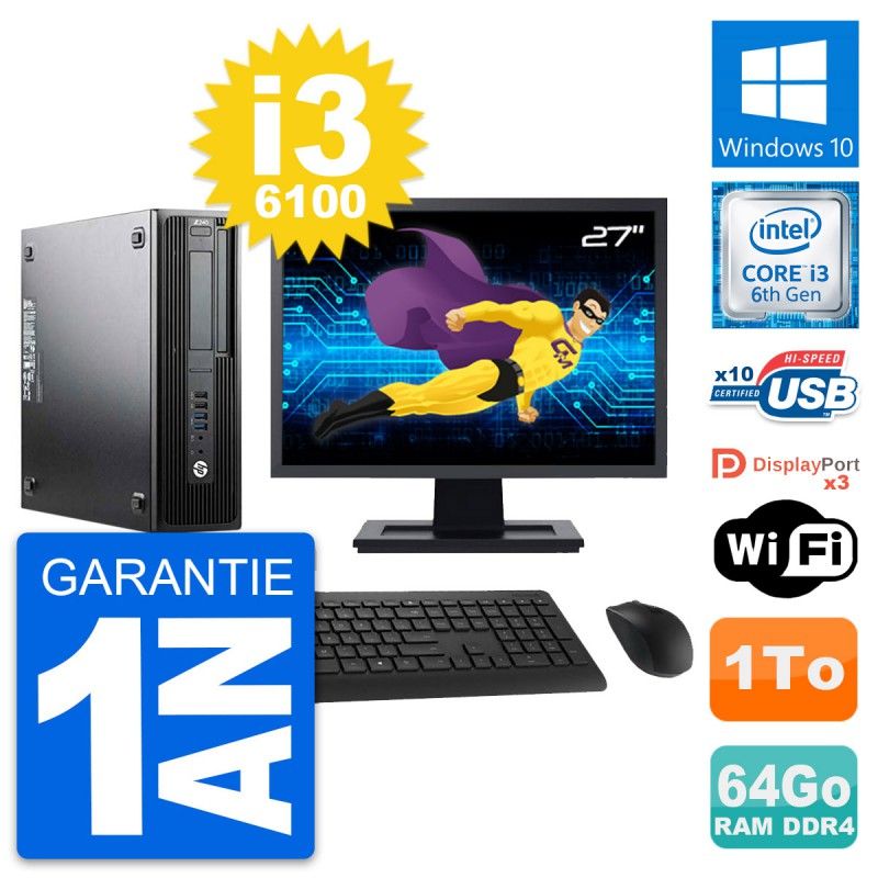 HP Z240 SFF Desktop Computer - 27" Screen, Intel Core i3-6100, 64GB RAM, 1TB Storage, Windows 10, WiFi