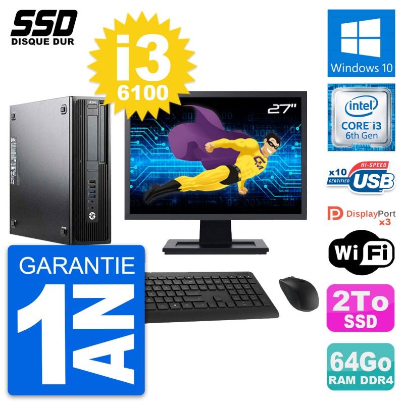 HP WorkStation Z240 SFF Computer - 27" Screen, i3-6100, 64GB RAM, 2TB SSD, Windows 10, WiFi