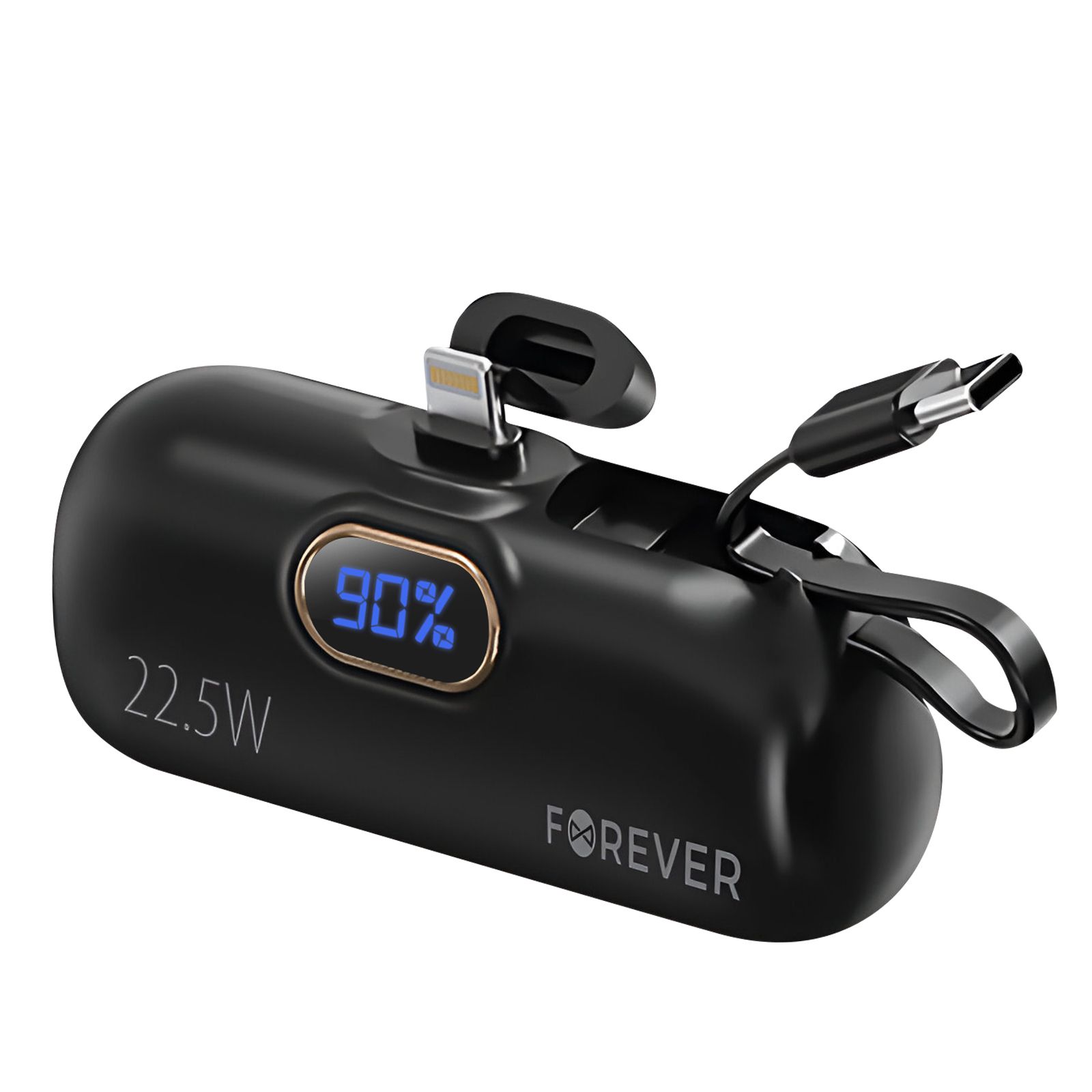 Batería externa Forever de 5000 mAh con conector Lightning y cable USB-C integrado, negra