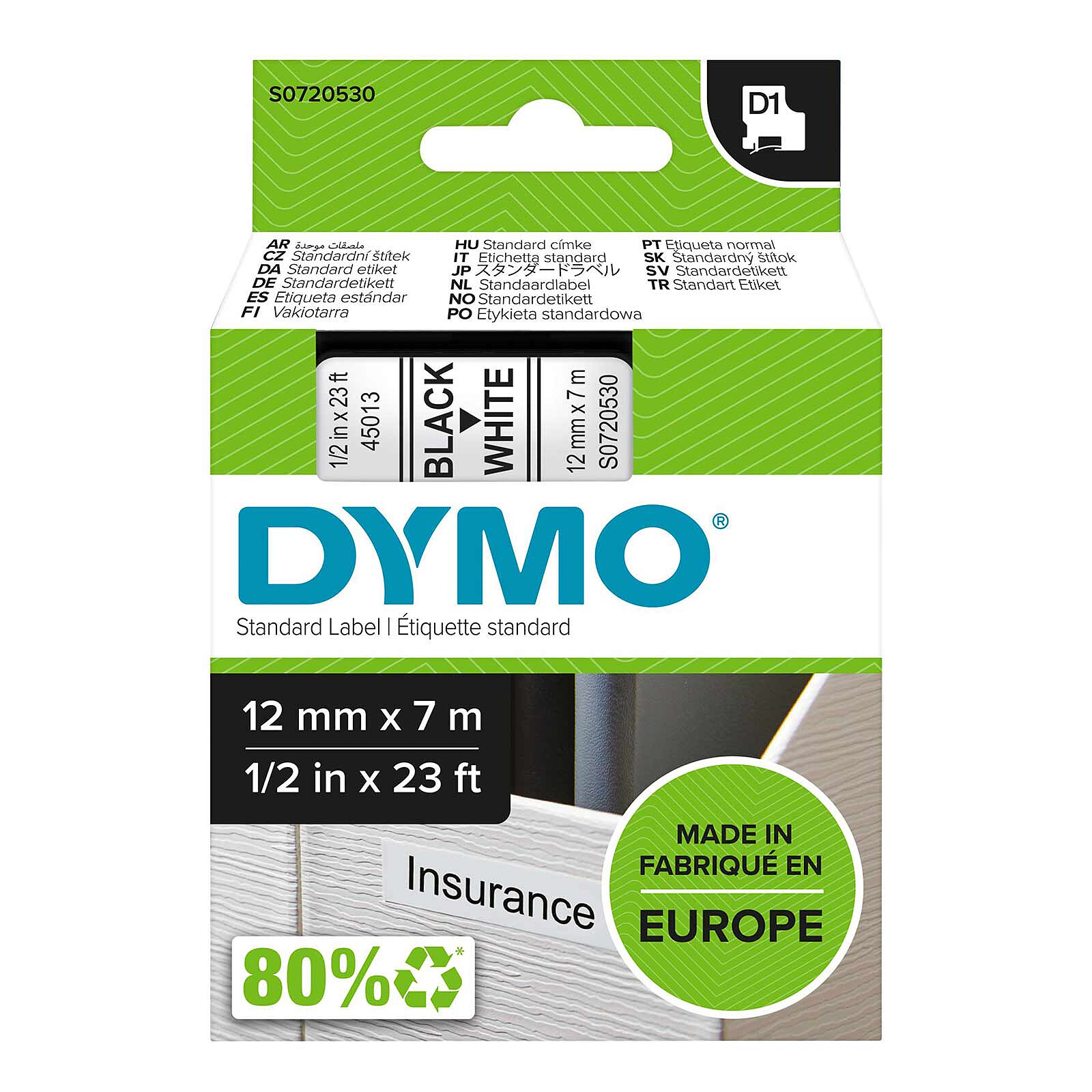 DYMO D1 Standard Tape - black/white 12 mm - 7 m