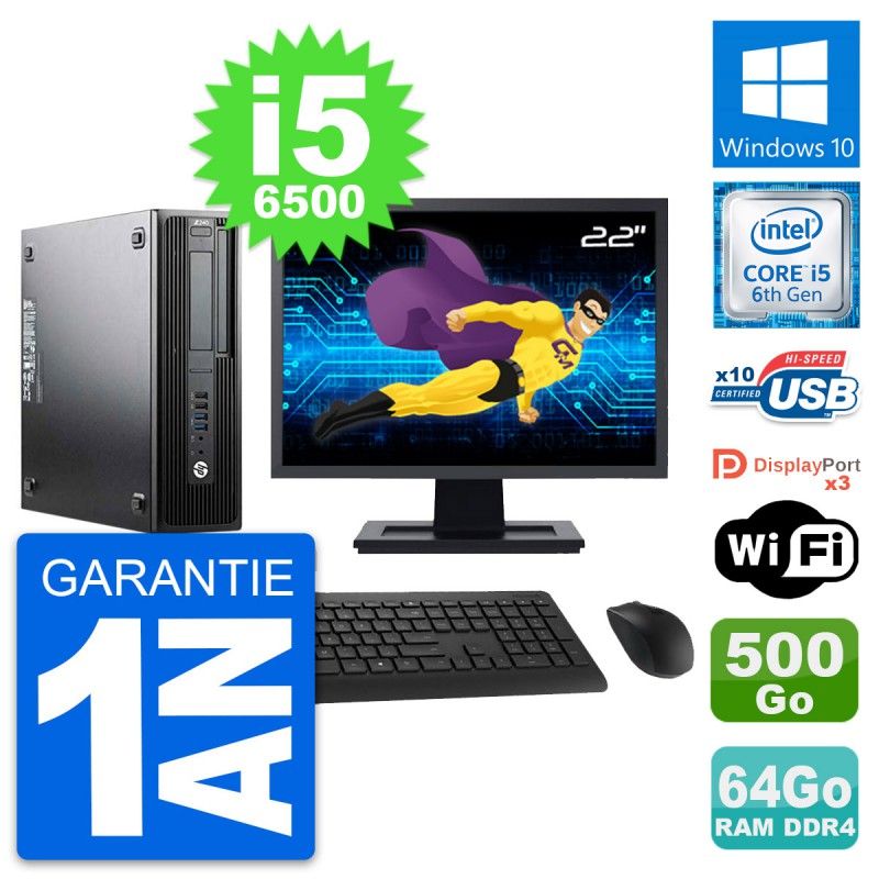 HP Z240 SFF Desktop Computer - 22" Screen, Intel i5-6500, 64GB RAM, 500GB HDD, Windows 10, WiFi
