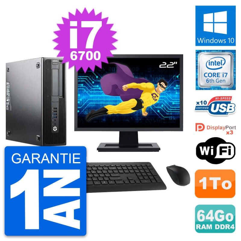 HP Z240 SFF Desktop Computer - 22" Screen, Intel Core i7-6700, 64GB RAM, 1TB HDD, Windows 10, Wifi