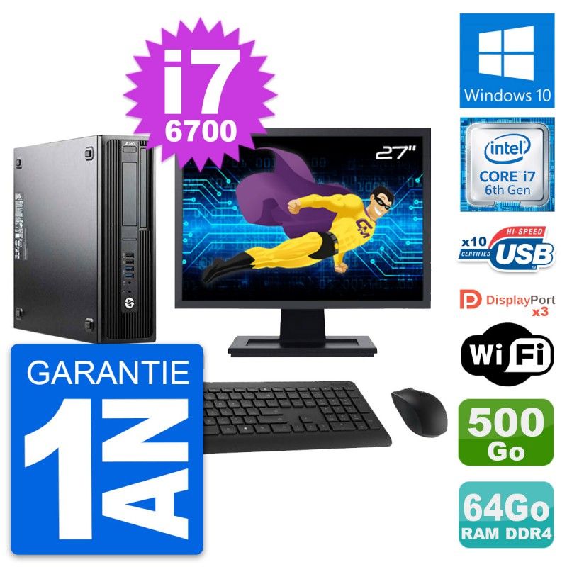 HP Z240 SFF Desktop Computer - 27" Screen, Intel i7-6700, 64GB RAM, 500GB HDD, Windows 10, WiFi