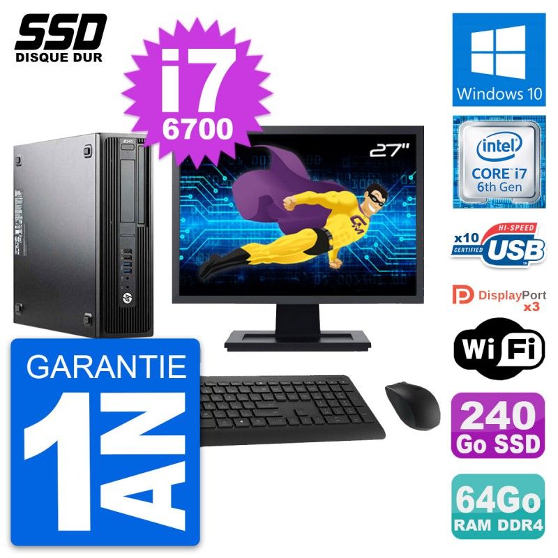 HP WorkStation Z240 SFF Computer - 27" Screen, i7-6700, 64GB RAM, 240GB SSD, Windows 10, Wi-Fi