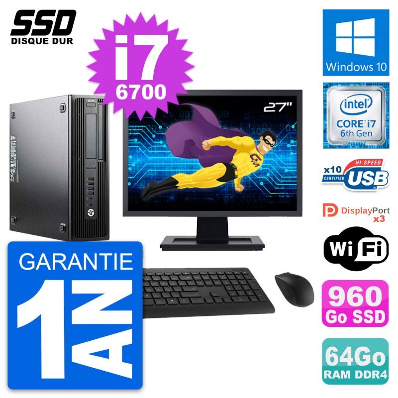 HP WorkStation Z240 SFF Computer - 27" Screen, i7-6700, 64GB RAM, 960GB SSD, Windows 10, Wifi